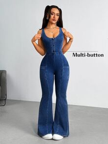 Flexra Women's Casual Washed Slim-Fit Flared Denim Jumpsuit - Dark Wash - View 6