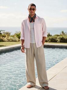 HIMLAND Men's Casual Solid Color Shirt, Versatile For Autumn - Pink - View 2