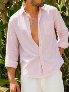 HIMLAND Men's Casual Solid Color Shirt, Versatile For Autumn - Pink - View 6