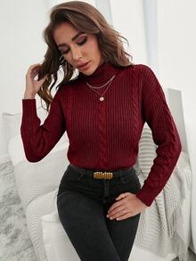 SHEIN كنزة صوفية طويلة الأكمام بلون موحد كاجوال يومية للنساء بمقاس كبير - عنابي اللون - مشاهدة 6