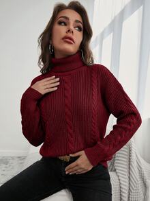 SHEIN كنزة صوفية طويلة الأكمام بلون موحد كاجوال يومية للنساء بمقاس كبير - عنابي اللون - مشاهدة 3