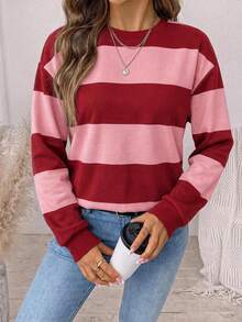SHEIN LUNE Women's Round Neck Striped Color Block Sweatshirt Suitable For Autumn/Winter - Multicolor - View 4