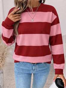 SHEIN LUNE Women's Round Neck Striped Color Block Sweatshirt Suitable For Autumn/Winter - Multicolor - View 7