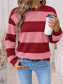 SHEIN LUNE Women's Round Neck Striped Color Block Sweatshirt Suitable For Autumn/Winter - Multicolor - View 6