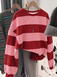 SHEIN LUNE Women's Round Neck Striped Color Block Sweatshirt Suitable For Autumn/Winter - Multicolor - View 1