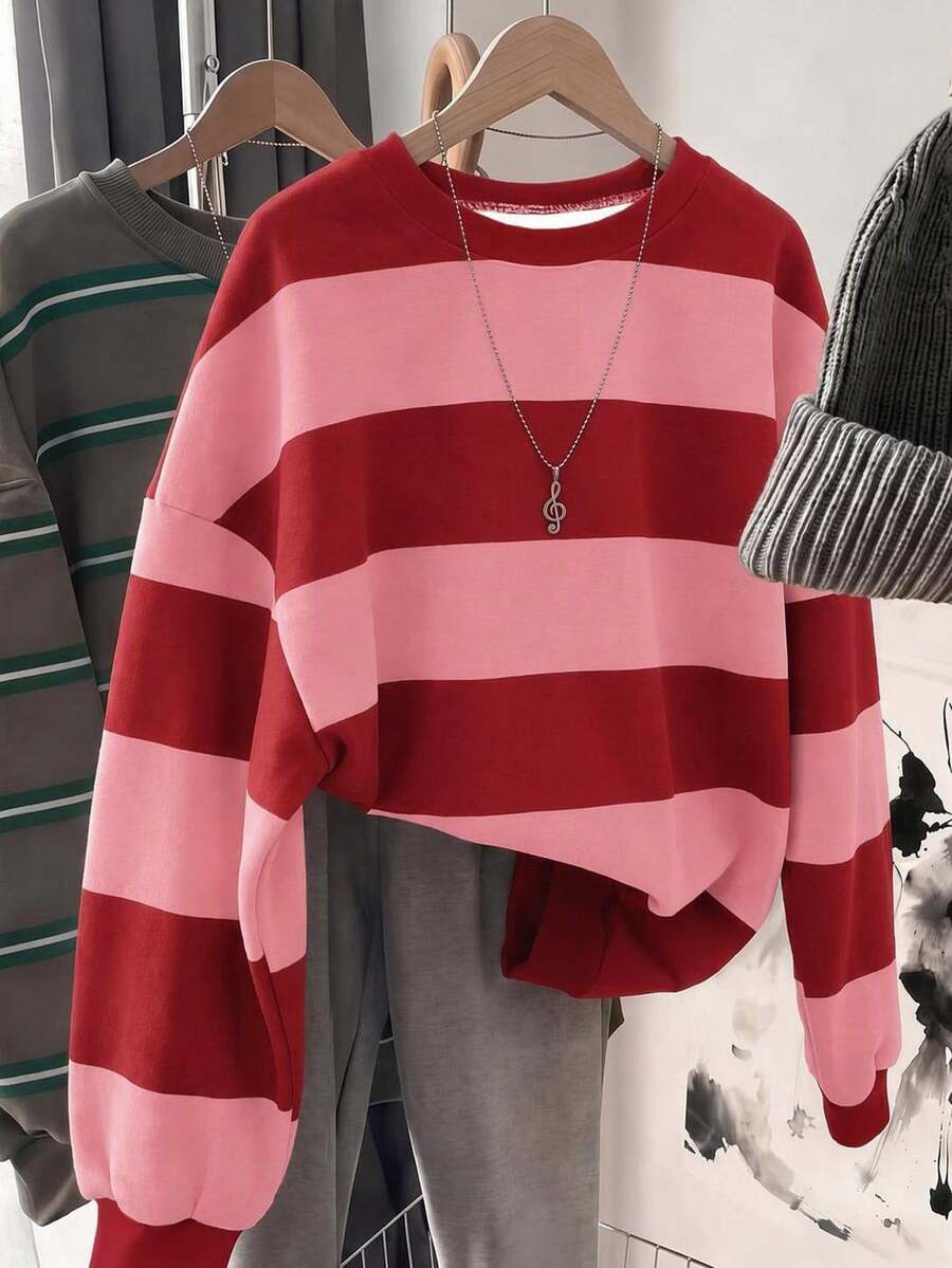 SHEIN LUNE Women's Round Neck Striped Color Block Sweatshirt Suitable For Autumn/Winter - Multicolor - View 1