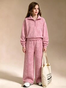 SHEIN 女童休閒賽車風可愛運動兩件套，長袖抓絨衛衣短褲套裝，粉色校園運動風，適合春秋冬季穿搭 - 紫色 - 查看 4