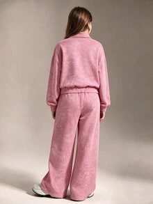 SHEIN 女童休閒賽車風可愛運動兩件套，長袖抓絨衛衣短褲套裝，粉色校園運動風，適合春秋冬季穿搭 - 紫色 - 查看 2