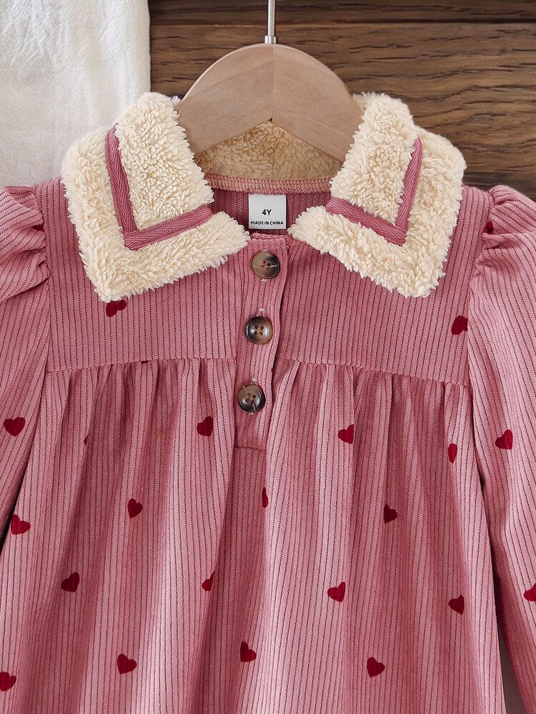 SHEIN Young Girls Pink Corduroy Dress Allover Heart Print Pullover Fluffy Collar Fall Outfits Sweet Fairy Princess Puff Sleeve Matching Mommy Daughter - Pink - View 5