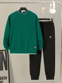 SHEIN 2件組青少年男孩休閒街頭風長袖套裝 開學季 秋季 勃艮地紅 黑色 6年級 - 綠色 - 查看 5