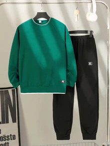 SHEIN 2件組青少年男孩休閒街頭風長袖套裝 開學季 秋季 勃艮地紅 黑色 6年級 - 綠色 - 查看 1