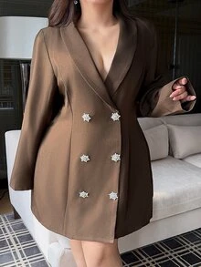 Vibekara Plus Size Women's Long Sleeve Fashion Napoleon Style Long Blazer - Brown - View 3