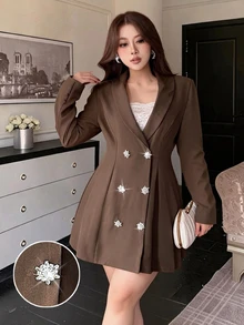 Vibekara Plus Size Women's Long Sleeve Fashion Napoleon Style Long Blazer - Brown - View 1