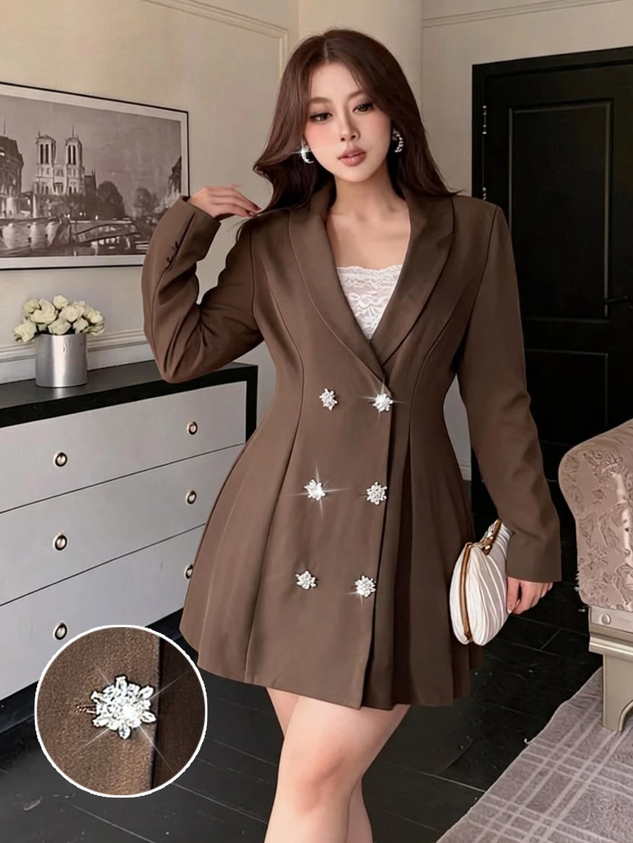 Vibekara Plus Size Women's Long Sleeve Fashion Napoleon Style Long Blazer - Brown - View 1