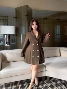 Vibekara Plus Size Women's Long Sleeve Fashion Napoleon Style Long Blazer - Brown - View 6