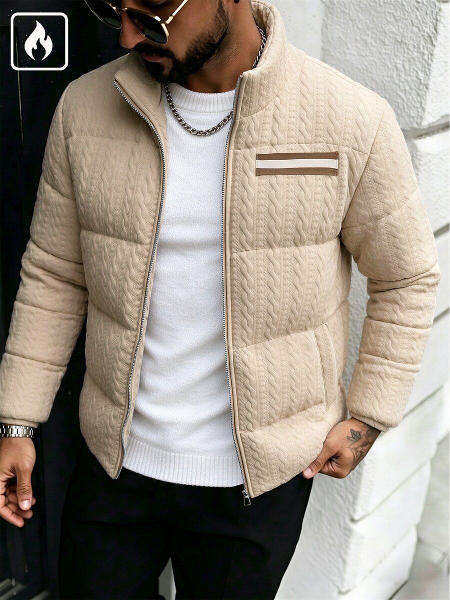 Manfinity CasualCool Men's Textured Quilted Padded Coat | Stand Collar Zipper Placket Webbing Trim Autumn/Winter Commute Casual Padded Coat - Apricot - View 1