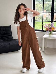 Girls Corduroy Wide Strap Sleeveless Solid Color Pocket Button Long Overall Loose Fit Romper Fall White Chocolate Brown School Graduation Cute - Brown - View 5