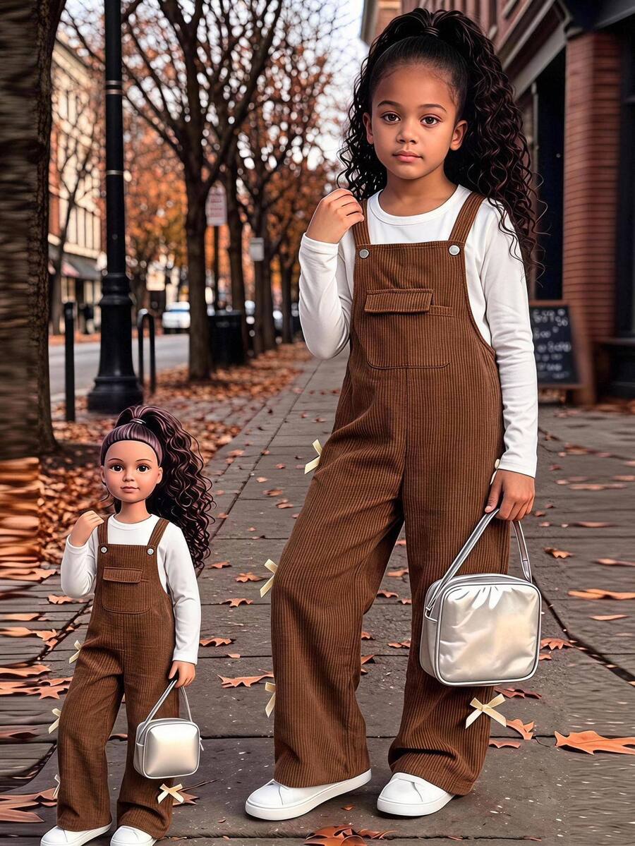 Girls Corduroy Wide Strap Sleeveless Solid Color Pocket Button Long Overall Loose Fit Romper Fall White Chocolate Brown School Graduation Cute
