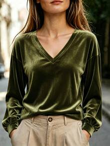 Omancia Women's V-Neck Velvet Long Sleeve Top, Loose Drop Shoulder Lantern Sleeve Retro Solid Color Gold Velvet Base Layer, Loose Slouchy T-Shirt - Olive Green - View 5