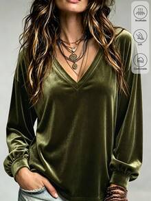 Omancia Women's V-Neck Velvet Long Sleeve Top, Loose Drop Shoulder Lantern Sleeve Retro Solid Color Gold Velvet Base Layer, Loose Slouchy T-Shirt - Olive Green - View 1