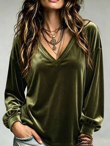 Omancia Women's V-Neck Velvet Long Sleeve Top, Loose Drop Shoulder Lantern Sleeve Retro Solid Color Gold Velvet Base Layer, Loose Slouchy T-Shirt - Olive Green - View 6