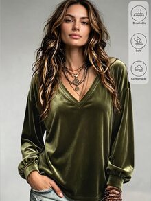 Omancia Women's V-Neck Velvet Long Sleeve Top, Loose Drop Shoulder Lantern Sleeve Retro Solid Color Gold Velvet Base Layer, Loose Slouchy T-Shirt - Olive Green - View 3