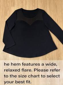 EMERY ROSE Plus Size Women's T-Shirt, Elegant Sexy Casual Minimalist Commute Versatile Slimming Daily Mesh Patchwork Round Neck Design Long Sleeve T-Shirt Fall - Black - View 5