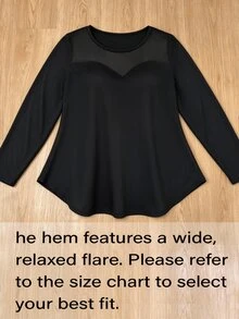 EMERY ROSE Plus Size Women's T-Shirt, Elegant Sexy Casual Minimalist Commute Versatile Slimming Daily Mesh Patchwork Round Neck Design Long Sleeve T-Shirt Fall - Black - View 4