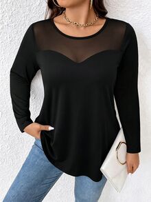 EMERY ROSE Plus Size Women's T-Shirt, Elegant Sexy Casual Minimalist Commute Versatile Slimming Daily Mesh Patchwork Round Neck Design Long Sleeve T-Shirt Fall - Black - View 8