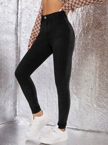 Flexra High Waist Solid Zip Up Skinny Jeans - Black - View 3