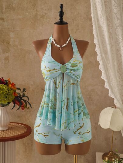 Bellisia Women's Summer Beach 2 Pieces Bikini Set, Marble Print Water Green Camisole Top With Tie Straps And Hipster Shorts, Swimwear