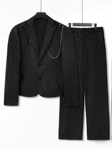 Manfinity AFTRDRK Men's Black Notch Lapel Loose Silhouette Casual Long Pants With Chain 2 Pieces Suit Set - Black - View 3
