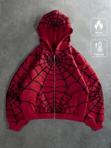 STYNVO Men's Spider Web Pattern Printed Zip-Up Hoodie - Red - View 4