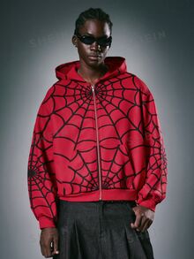 STYNVO Men's Spider Web Pattern Printed Zip-Up Hoodie - Red - View 8