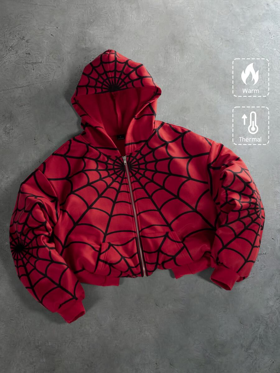 STYNVO Men's Spider Web Pattern Printed Zip-Up Hoodie - Red - View 1
