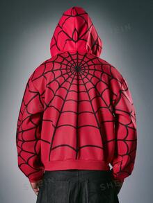 STYNVO Men's Spider Web Pattern Printed Zip-Up Hoodie - Red - View 7