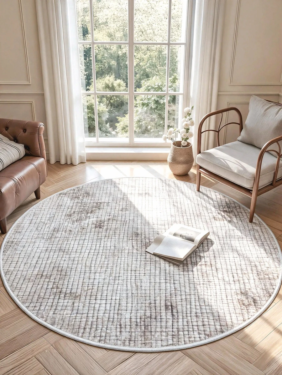 Modern Round Boho Rug – Textured Geometric Circle Carpet With White Tassel Fringe – Washable Nursery & Living Room Decor - Beige - View 1