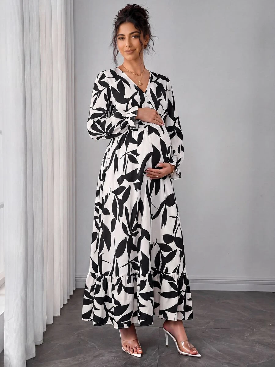 SHEIN Plus Size Thick Printed Maternity Dress For Autumn/Winter - Black and White - View 1