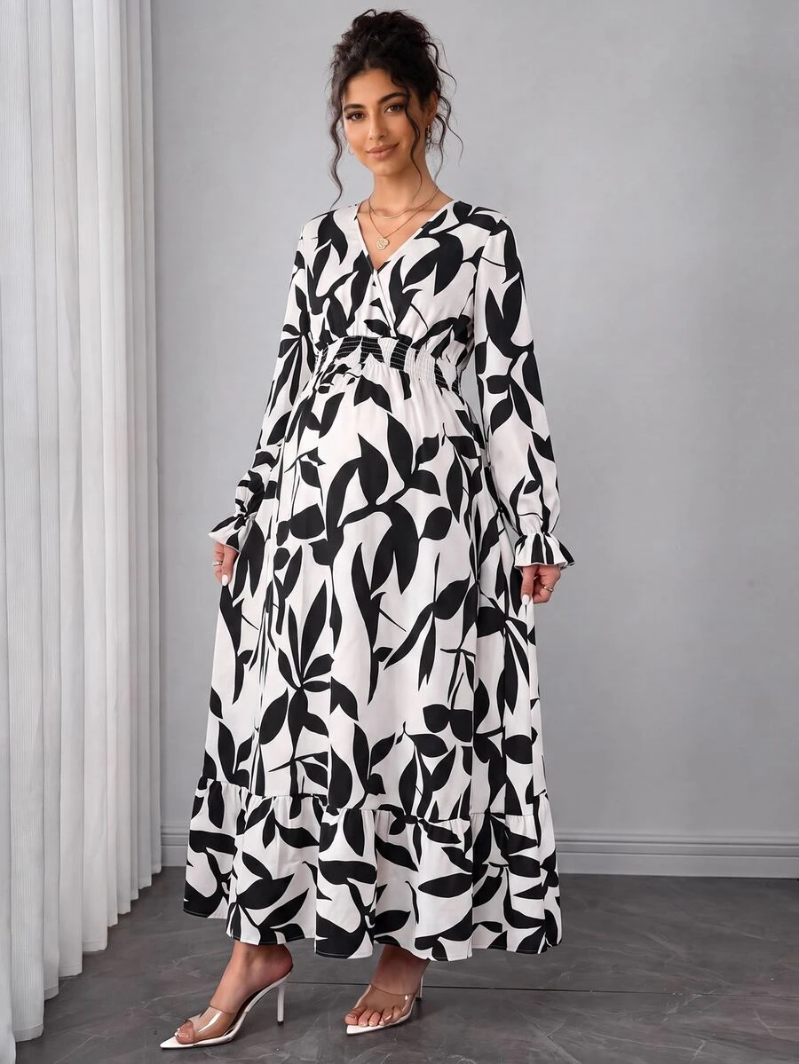 SHEIN Plus Size Thick Printed Maternity Dress For Autumn/Winter - Black and White - View 1