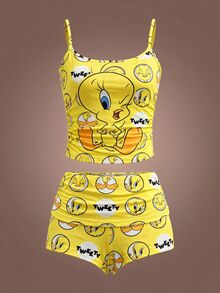 LOONEY TUNES X SHEIN Women's Cartoon Print Camisole Top And Shorts Pajama Set - Yellow - View 8