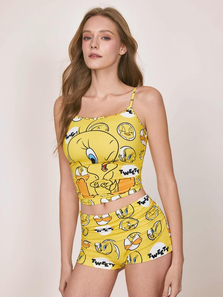 LOONEY TUNES X SHEIN 女款卡通印花細肩帶上衣與短褲睡衣套裝 - 黃色 - 查看 4