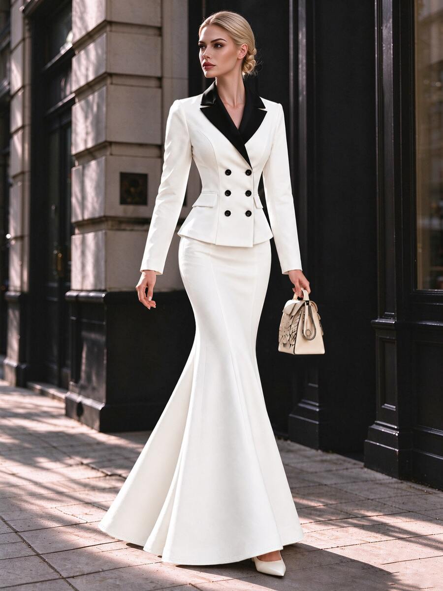 Penseblé Fall Clothes For Women White Blazer Dress Black Lapel Double Breasted Mermaid Fishtail Maxi Dress Slim Office Party - White - View 1