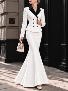 Penseblé Fall Clothes For Women White Blazer Dress Black Lapel Double Breasted Mermaid Fishtail Maxi Dress Slim Office Party - White - View 4