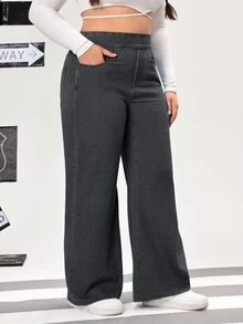 Flexra Plus Size Solid Color Casual Tummy Control Jeans - Dark Grey - View 4