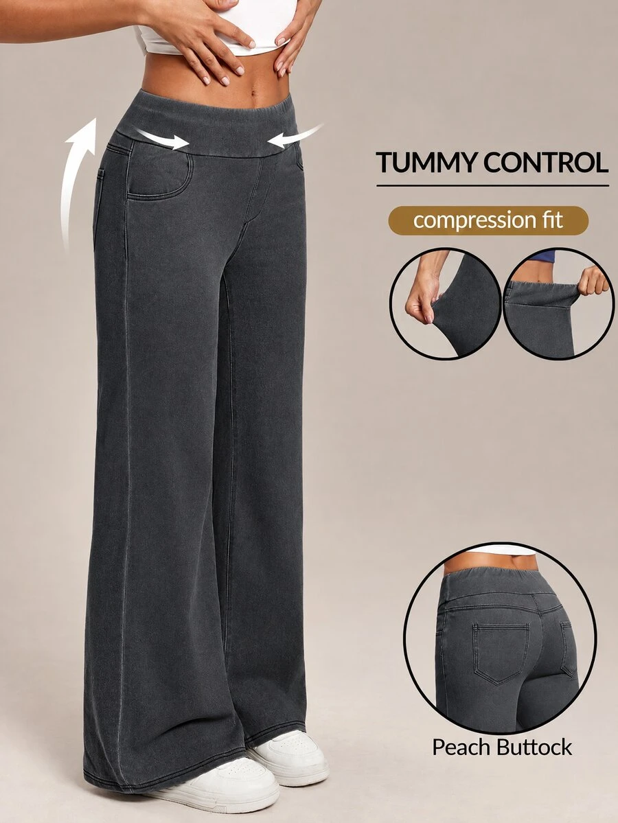 Flexra Plus Size Solid Color Casual Tummy Control Jeans - Dark Grey - View 1
