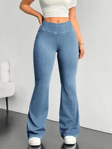 Flexra Plus Size Solid Color Casual Elastic Jeans Flared Leggings For Women Stretchy Jeans Pants Flare Leg Flared Sweatpants - Blue - View 5