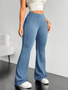 Flexra Plus Size Solid Color Casual Elastic Jeans Flared Leggings For Women Stretchy Jeans Pants Flare Leg Flared Sweatpants - Blue - View 7