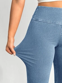 Flexra Plus Size Solid Color Casual Elastic Jeans Flared Leggings For Women Stretchy Jeans Pants Flare Leg Flared Sweatpants - Blue - View 8