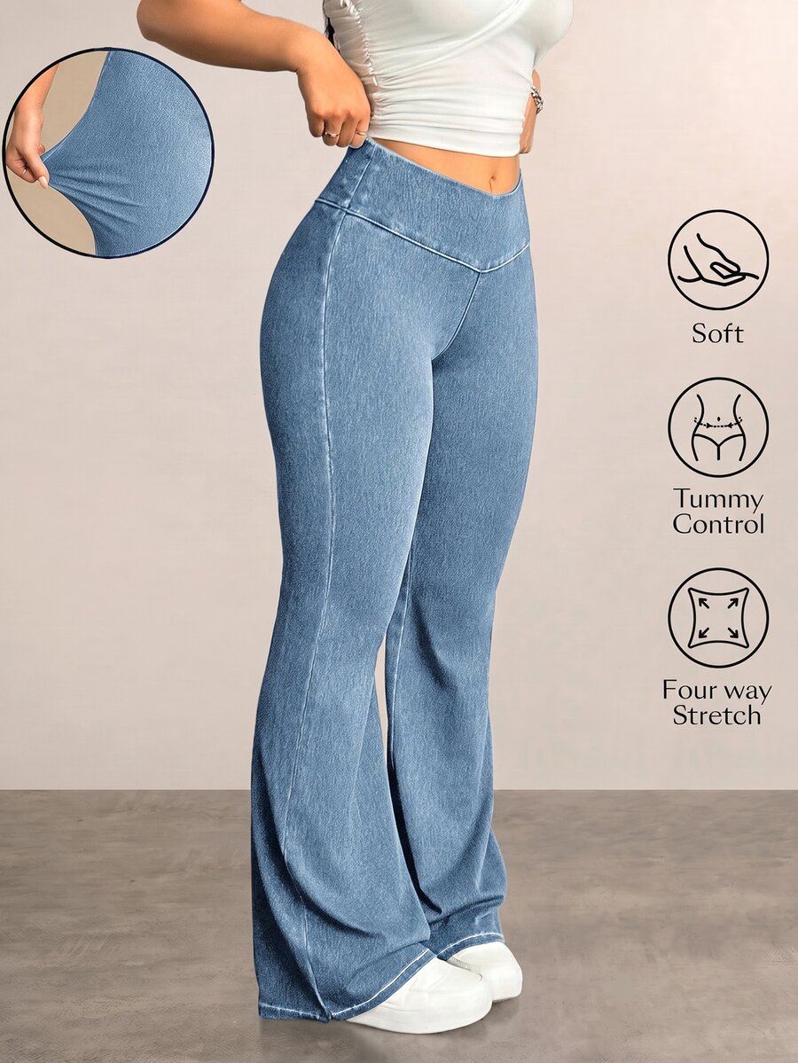 Flexra Plus Size Solid Color Casual Elastic Jeans Flared Leggings For Women Stretchy Jeans Pants Flare Leg Flared Sweatpants - Blue - View 1