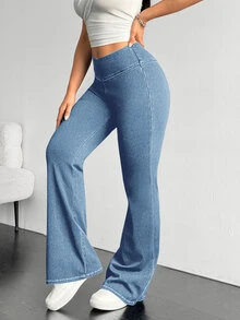 Flexra Plus Size Solid Color Casual Elastic Jeans Flared Leggings For Women Stretchy Jeans Pants Flare Leg Flared Sweatpants - Blue - View 6